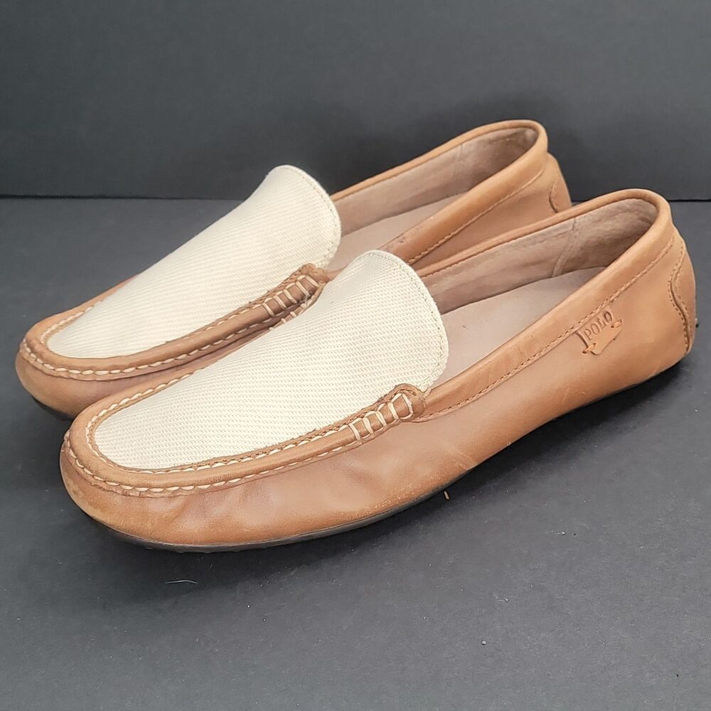 Polo Ralph Lauren Woodley Mens Size 11 D Brown Leather Canvas Driving Loafers